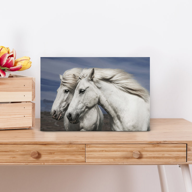 Chevaux blancs blancs abstraits, art contemporain, paysage de cheval, 12" H x 18" W