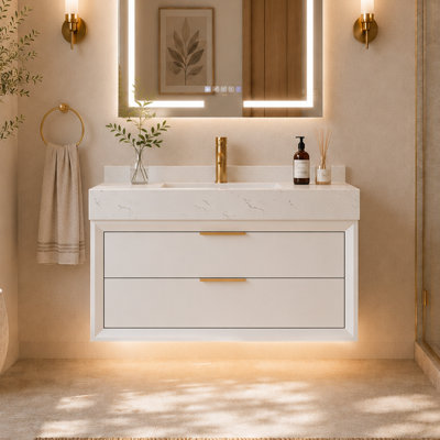 36" Wall-Mounted Bathroom Vanity with Engineered Stone Top, 2 Soft-Close Drawers and LED Night Light