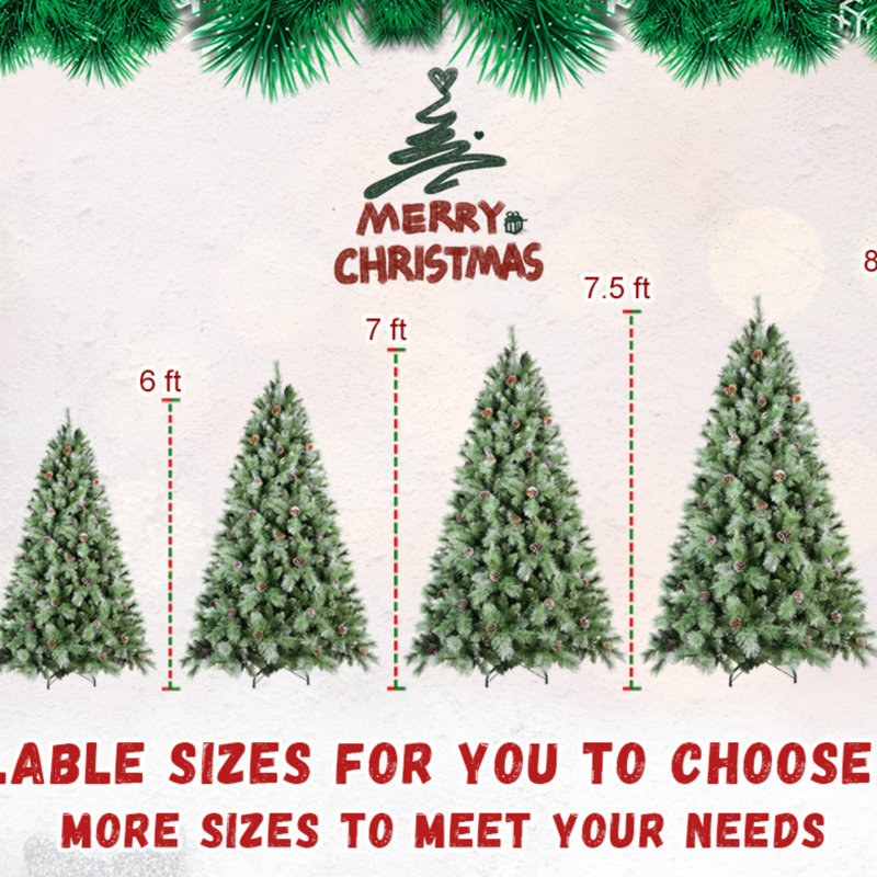 Arbre de Noël 7 pi avec 82 pommes de pin - 1348 pointes, branches mixtes en PVC et en aiguilles dures, structure à charnières pour une installation facile, support en métal robuste - arbre de Noël réaliste