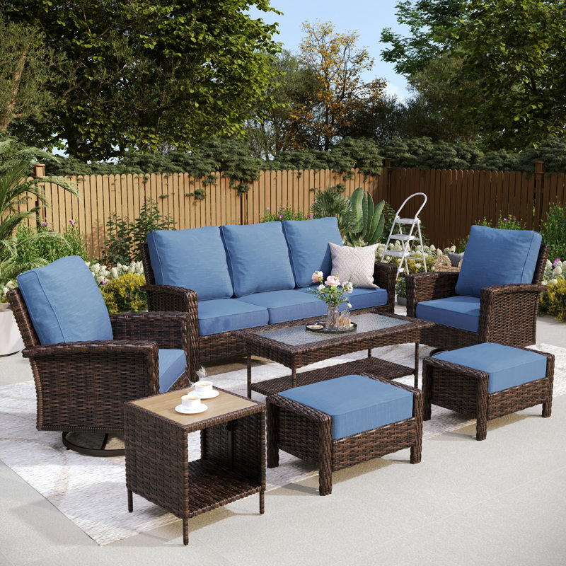 Outdoor Wicker Patio Conversation Furniture Set, Navy, Yes