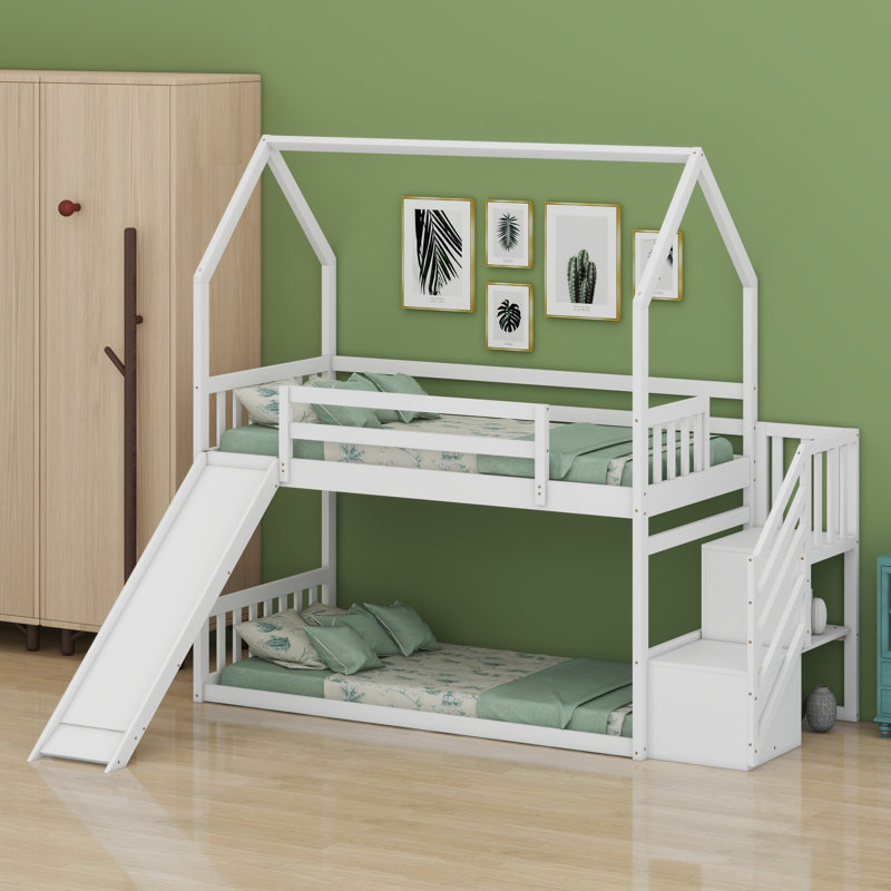 Lit superposé avec glissière convertible House, escalier de rangement pouvant être placé à gauche ou à droite, Blanc