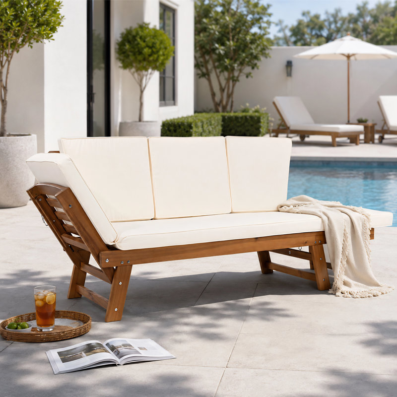 Lit de jour d'extérieur réglable en bois d'acacia avec coussins, canapé de patio extensible, Beige, Natural Wood