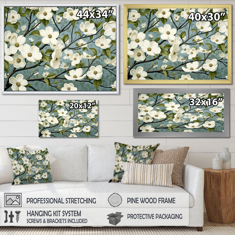 " White Teal Dogwood Elegance ", 30" H x 40" W x 1.5" D, Black Floater Framed