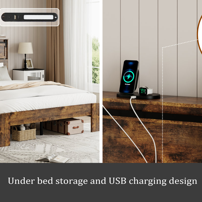 Lit de taille QUEEN, cadre de lit en métal avec station de charge, pas besoin de sommier