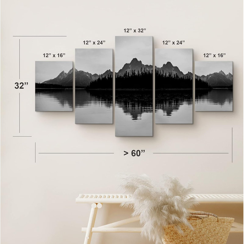 Nature, paysage, noir, blanc, rustique, montagne, lac, forêt, paysage, photographie d'art, paysage contemporain, ensemble de 5 pièces