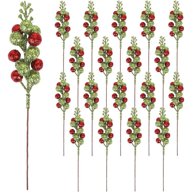 20pcs Artificial Berry Stems – 7.8" Red & Green Glitter Christmas Tree Picks, Branch Filler For Wreaths, Garlands & Holiday Home Décor