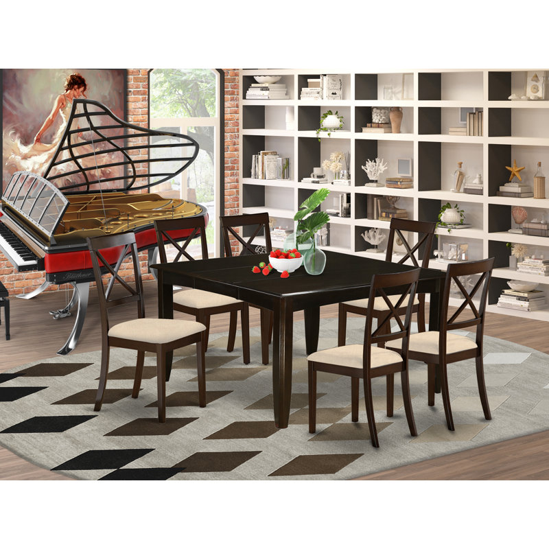 7 Piece Dining Set Consist of a Square Dining Room Table with Butterfly Leaf and 6 Linen Fabric Upholstered Kitchen Chairs, 54x54 Inch, Cappuccino