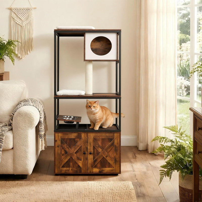 Kimmel 58" Cat Condo with Litter Box Enclosure and Elevated Bowls, Rustic Brown/Black