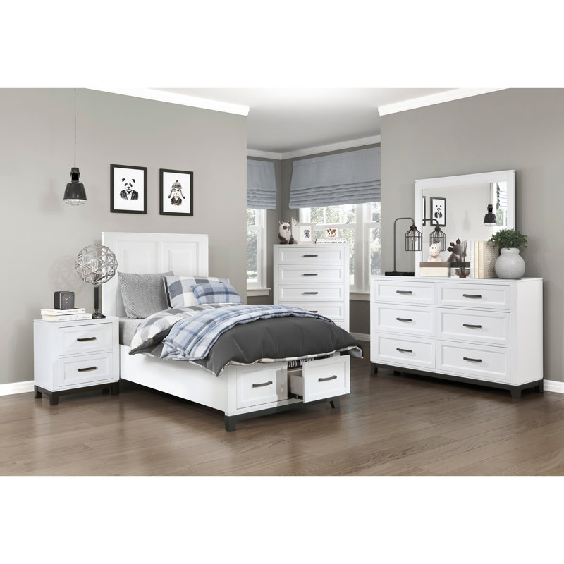 Table de chevet 28 po Thiem avec 2 tiroirs, poignées noires, finition bois blanc