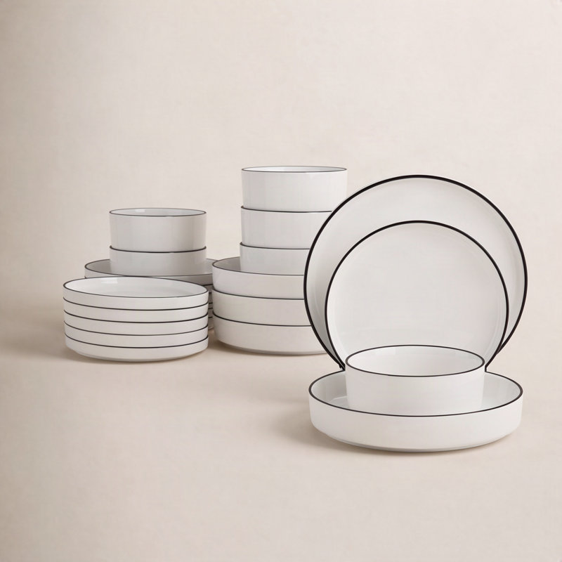 24-Piece Ceramic Dinnerware Set, Ivory White/Black