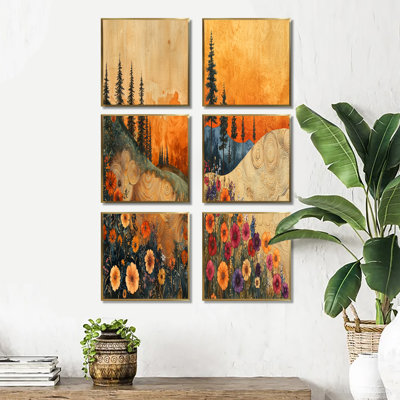 Champ de fleurs de fleurs sauvages orange d'été - ensemble de 6 impressions florales sur toile