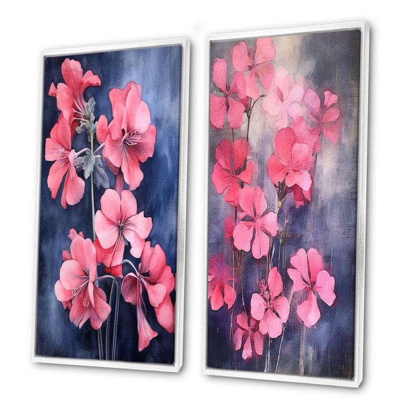 «Blue and Pink Geranium Minimal Expression - Geraniums», ensemble d'art mural sur toile, Cadre blanc, H 28 po x l 25 po