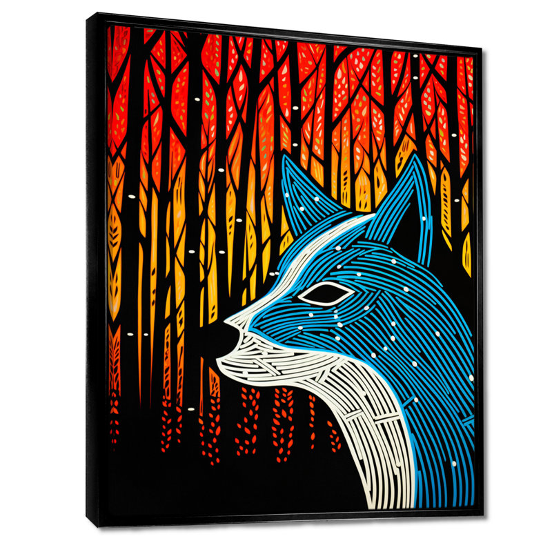 Minimal renard chassant dans la forêt - art mural animal renard, H 20 po x l 12 po, Toile flottante noire encadrée