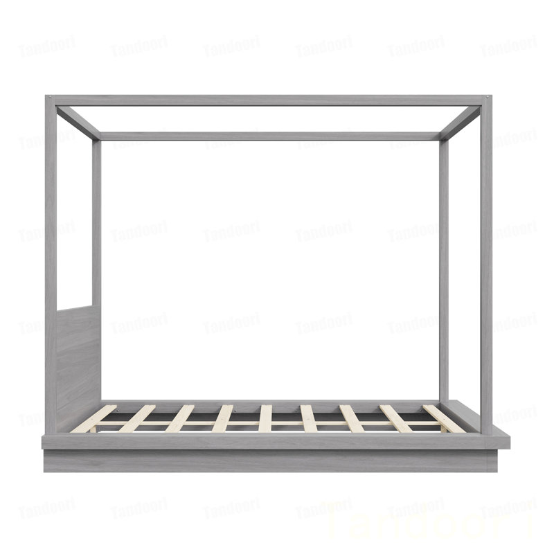 Grand lit plateforme à baldaquin en bois avec tête de lit, Gris