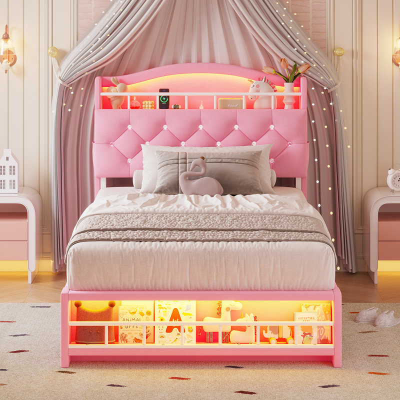 Cadre de lit princesse avec lumières à DEL et station de charge, lit plateforme tapissier en velours avec tête de lit et garde-corps et bouton en cristal