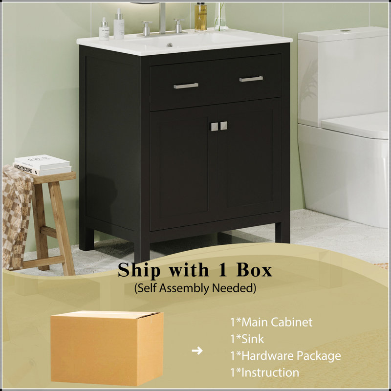 Meuble-lavabo noir moderne de 30 pouces avec lavabo en céramique, portes à fermeture douce et grand espace de rangement pour des salles de bain élégantes