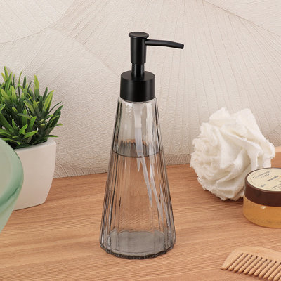 Calix Smoked Glass Soap Dispenser, Faceted Ribbed Hand Soap Bottle for Bathroom Countertop and Kitchen Sink, Refillable Liquid Container with Matte Black Pump, Modern Vintage, 10.1 fl oz