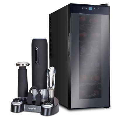 Ivation 10'' 12 Bottle Single Zone Freestanding Wine Refrigerator with 5-piece wine gift set