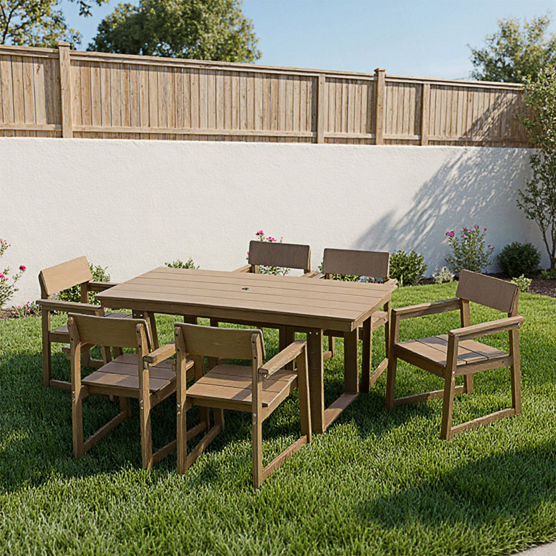 Ensemble de salle à manger 7 pièces pour l'extérieur, table de patio avec trou pour parasol et 6 chaises avec accoudoirs