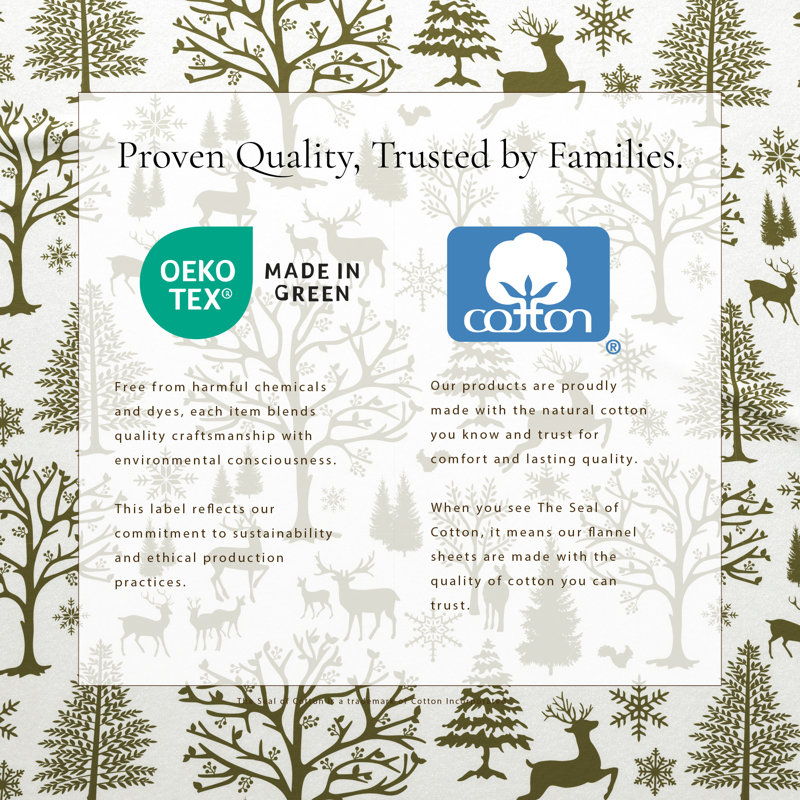100% Turkish Cotton Flannel Christmas Sheet Sets, Trees Olive, Queen with 2 Pillowcases