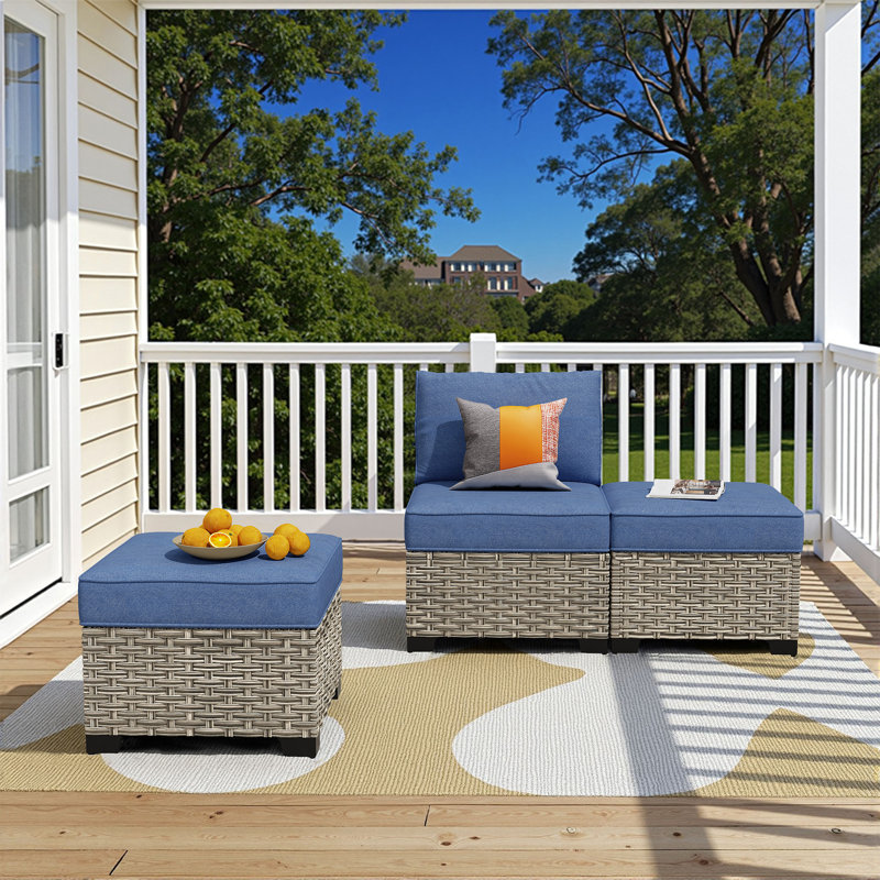 Ensemble de chaises de patio 3 pièces en osier avec accoudoirs et coussins multifonctionnels 3 pièces, Bleu denim