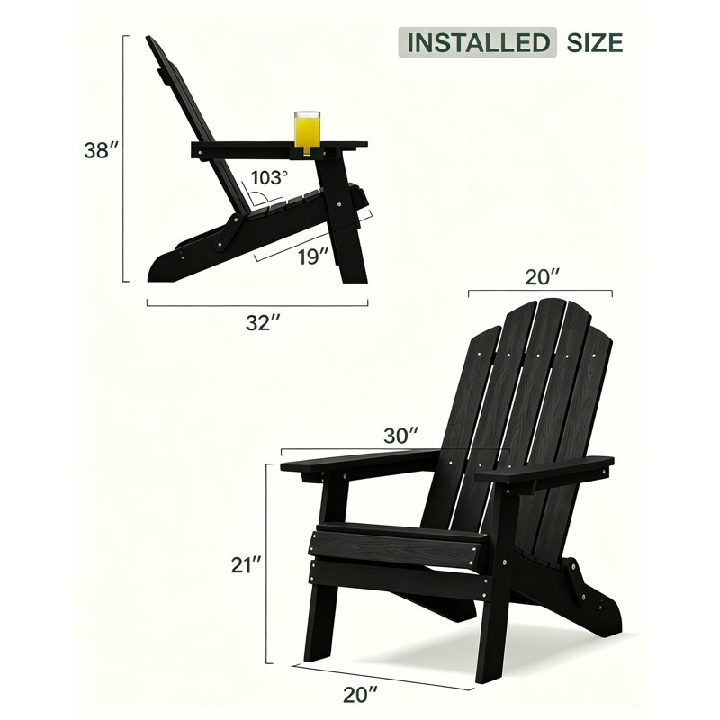 Ensemble de 2 chaises pliantes Adirondack avec porte-gobelets, chaises de patio HIPS imitation bois, résistantes aux intempéries, noires