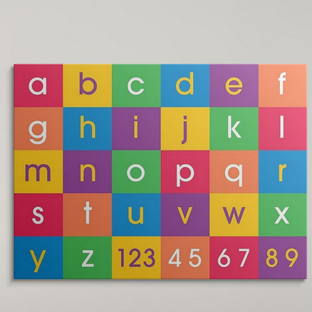 «Alphabet» par Justin, art textuel, H 18 po x l 24 po x P 1,25 po, Toile