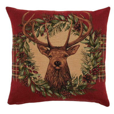 Stag's Head & Wreath Tapestry Cushion with Feather Filler 