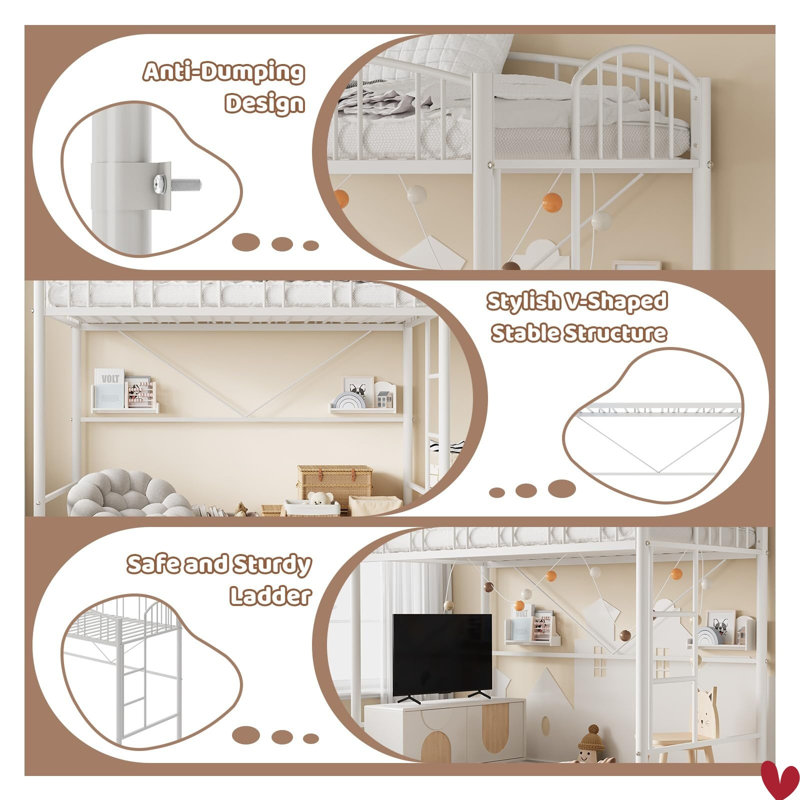 Loft Bed Twin Size with Ladder and High-Arched Guardrail, Sturdy Metal Slats, Space-Saving Design, Modern Decor Style, Easy Assembly