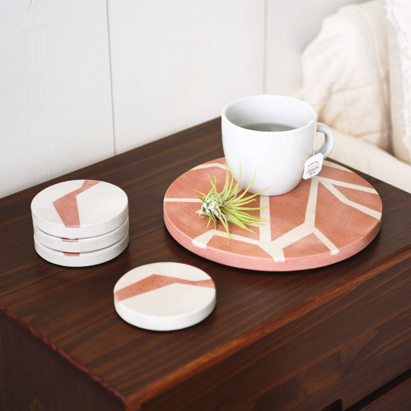 Devi Stone Round Coaster Set, White/Pink