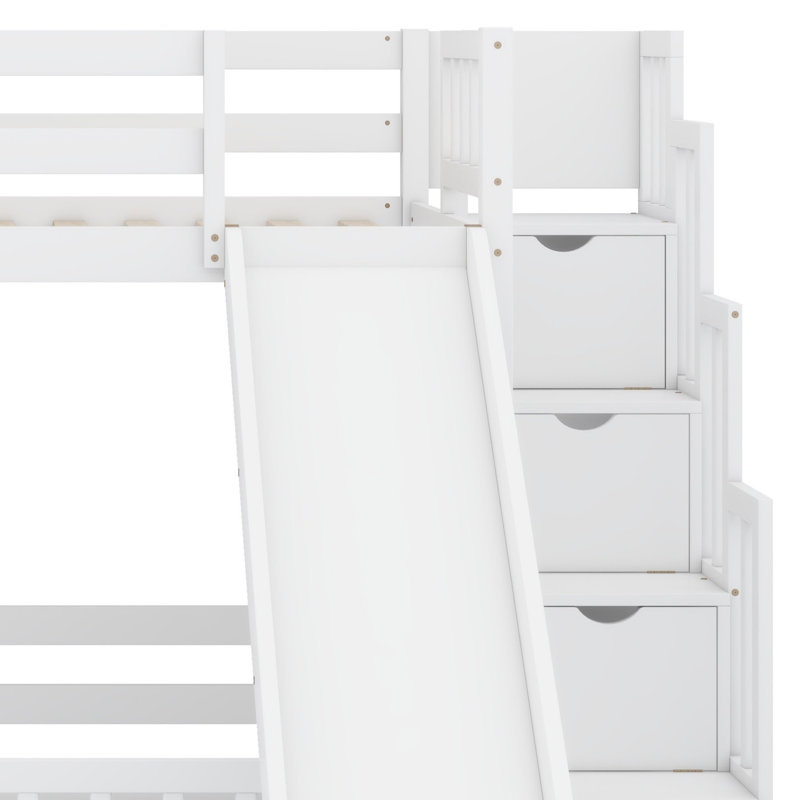 Wooden Bunk Bed With Slide, Storage Staircase, Safety Guardrails, White