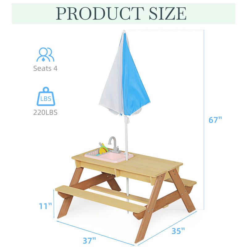 Table de pique-nique en bois pour enfants, table de sable et d'eau avec parasol, table d'activités pour jouer sur le patio extérieur
