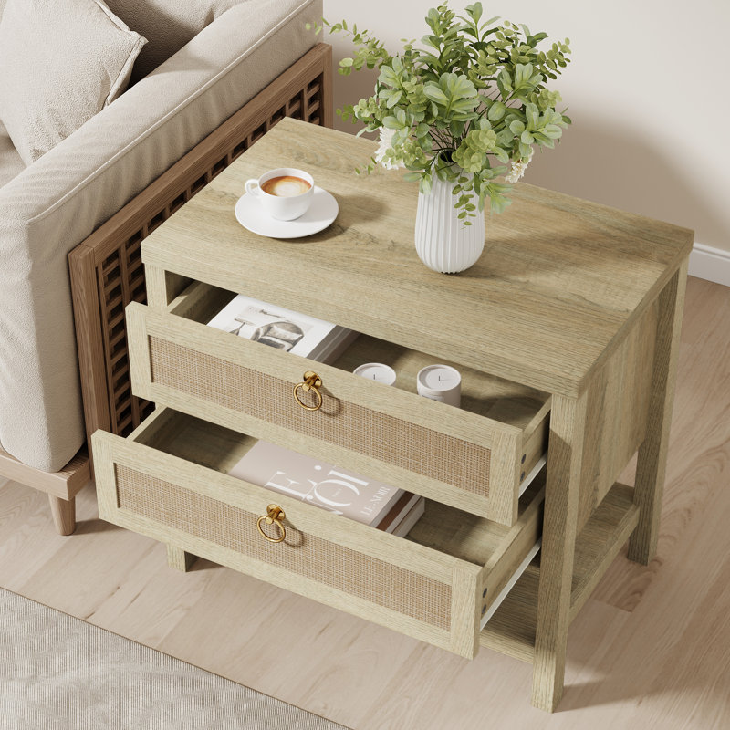 Boho Large Rattan Nightstands With 2 Drawers & 1 Shelf , Set of 2, Reclaimed Light Oak