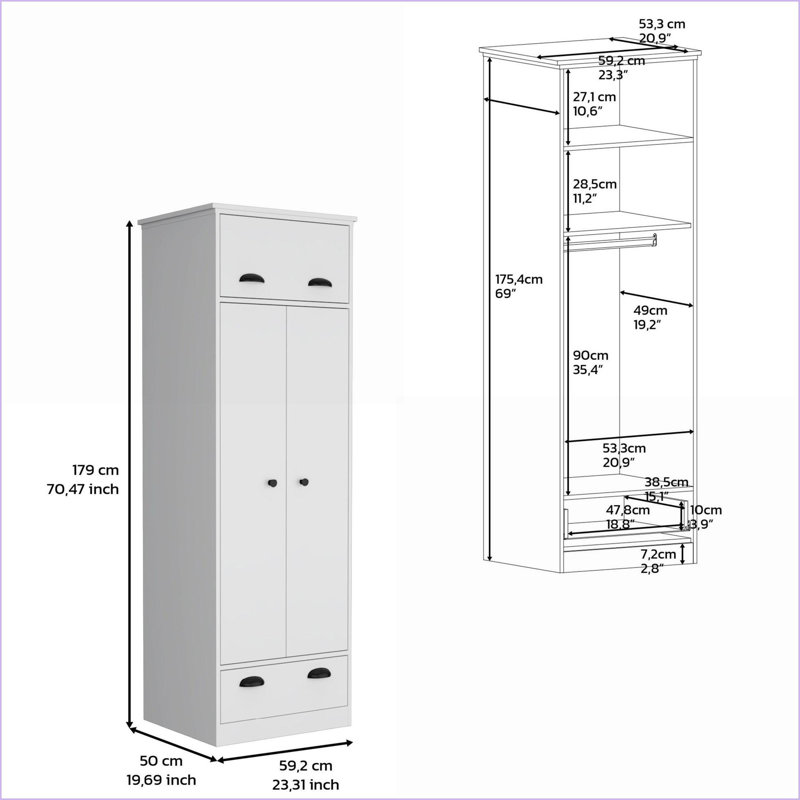 Commodes avec rangement | Armoire supérieure, tablettes, tringle, tiroir | Blanc | Panneau de particules