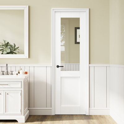 24" x 80" Clear Glass French Door Slab, Half-Lite Clear Glass Interior Door, White Finished & Paintable, Door Panel w/o Borehole or Hinges, as Barn Door or Prehung Door or Pocket Door or French Door Slab for Pantry Door, Laundry Door, Bedroom Door