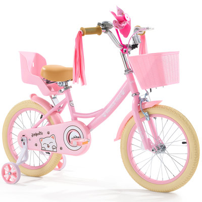 Vélo pour enfants, vélo de style princesse pour enfants de 16 pouces avec banderoles et panier, hauteur du cavalier de 3,28 à 4,27 pi, siège de poupée et roues d'entraînement inclus, vélo pour tout-petits pour les filles qui apprennent à rouler, rose