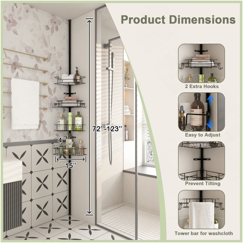 Tension Pole Corner Shower Caddy With 4 Adjustable Baskets, Black