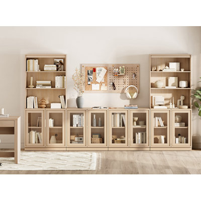 Modern 72" Tall Bookshelf with 4 Storage Cabinets and Open Book Shelves, Library Bookcase with 8 Glass Doors, Wood Freestanding Book shelf for Home Office, Living room