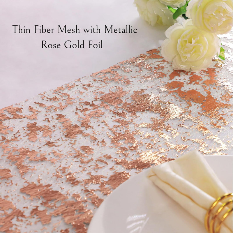 Rose Gold Table Runner 11 Inch x 100 Feet Glitter Sequin Metallic Pink Thin Mesh Runner Sparkly Table Decorations for Birthday, Wedding, Bridal Shower, Baby Shower Party