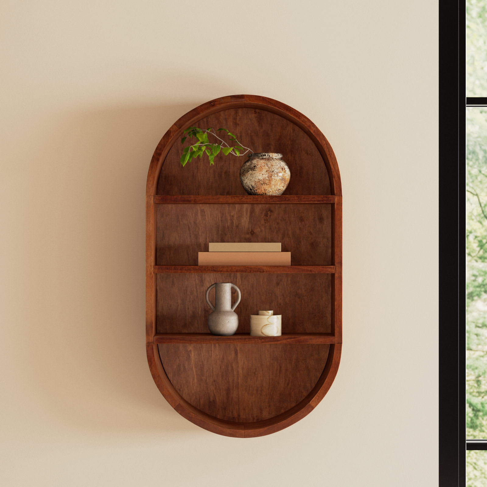 Minx Oval Solid Mango Wood Accent Wall Shelf, Walnut