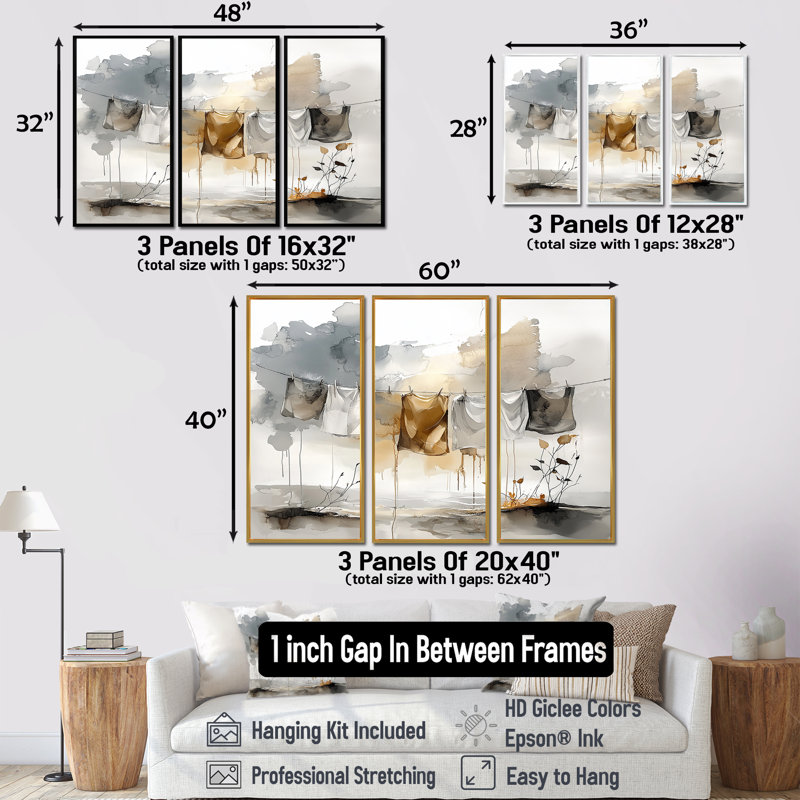 Ensemble de décorations murales gris Hanging Out Laundry I, Toile avec cadre flottant noir, H 32 po x l 48 po x P 1 po