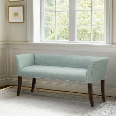 Banc rembourré bleu sarcelle avec mousse à haute densité, passepoil et accoudoirs évasés