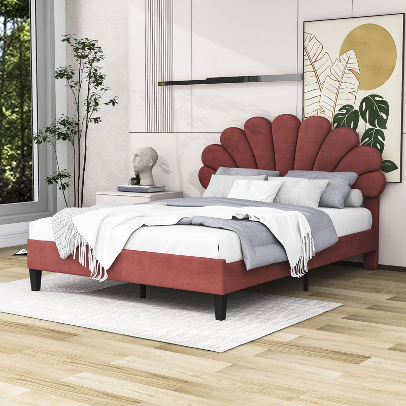 Lit plateforme tapissier en bois avec tête de lit Mireia, Pâte de haricots rouge, Grand