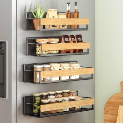 Support de rangement 4 pièces pour réfrigérateur magnétique en bambou | Support de rangement magnétique pour la cuisine, adapté à la machine à laver, au rangement de la vaisselle, aucun perçage requis, couleur encre foncée