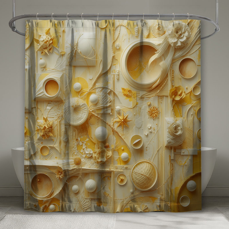 Rideaux de douche jaune et blanc à motif abstrait, L 70 po x H 72 po