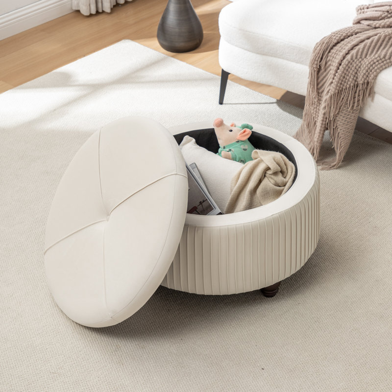 Repose-pieds rond avec rangement en velours Bula, Beige