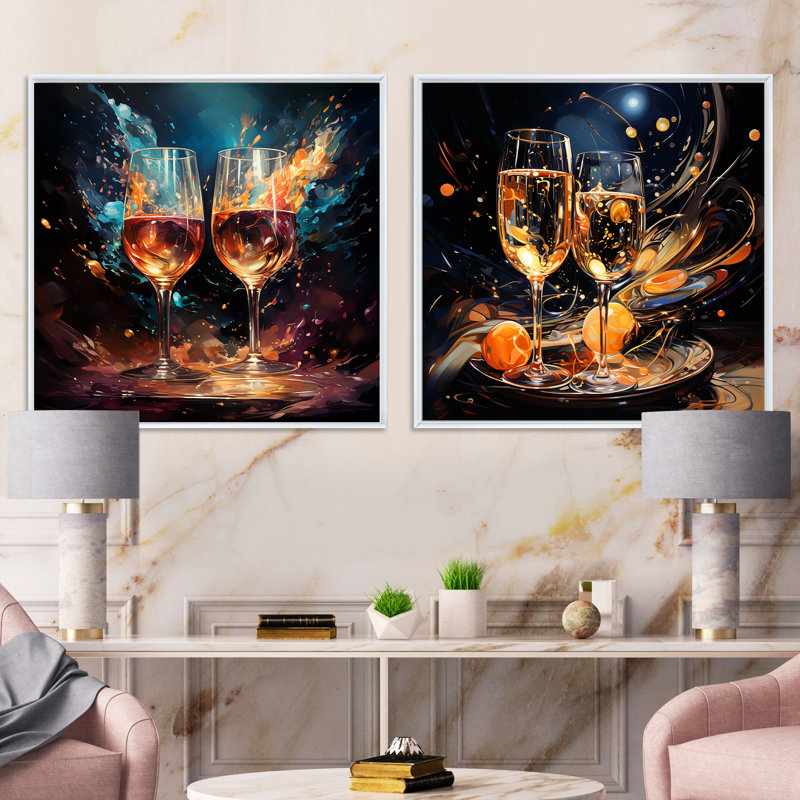 Joyful Bubbles - Ensemble de 2 collages carrés vin et champagne, Cadre flottant blanc, H 36 po x l 73 po