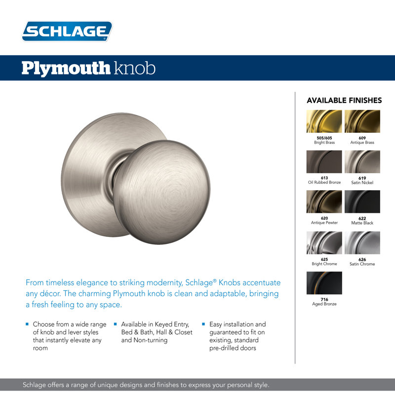 Plymouth Bed and Bath Knob, Satin Nickel