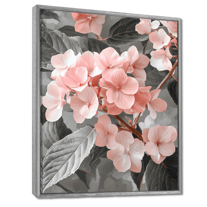 Doux hortensia rose en niveaux de gris III - hortensia, art mural, Argent argent, Impression encadrée sans passe-partout