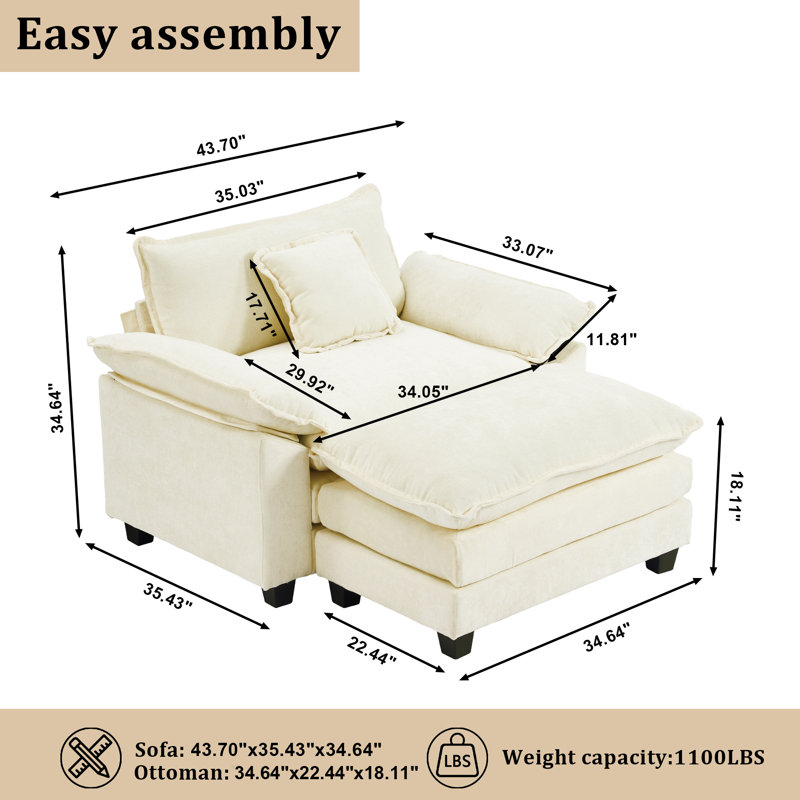Chenille Oversized Chair With Ottoman - 41" W Comfy Accent Chair, Single Sofa Chair, Large Upholster